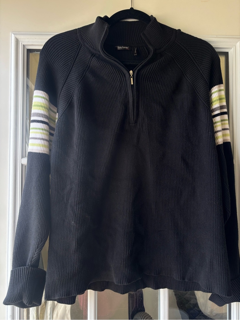 Daisy Fuentes Black Half-Zip Sweater with Green and White Striped Sleeves